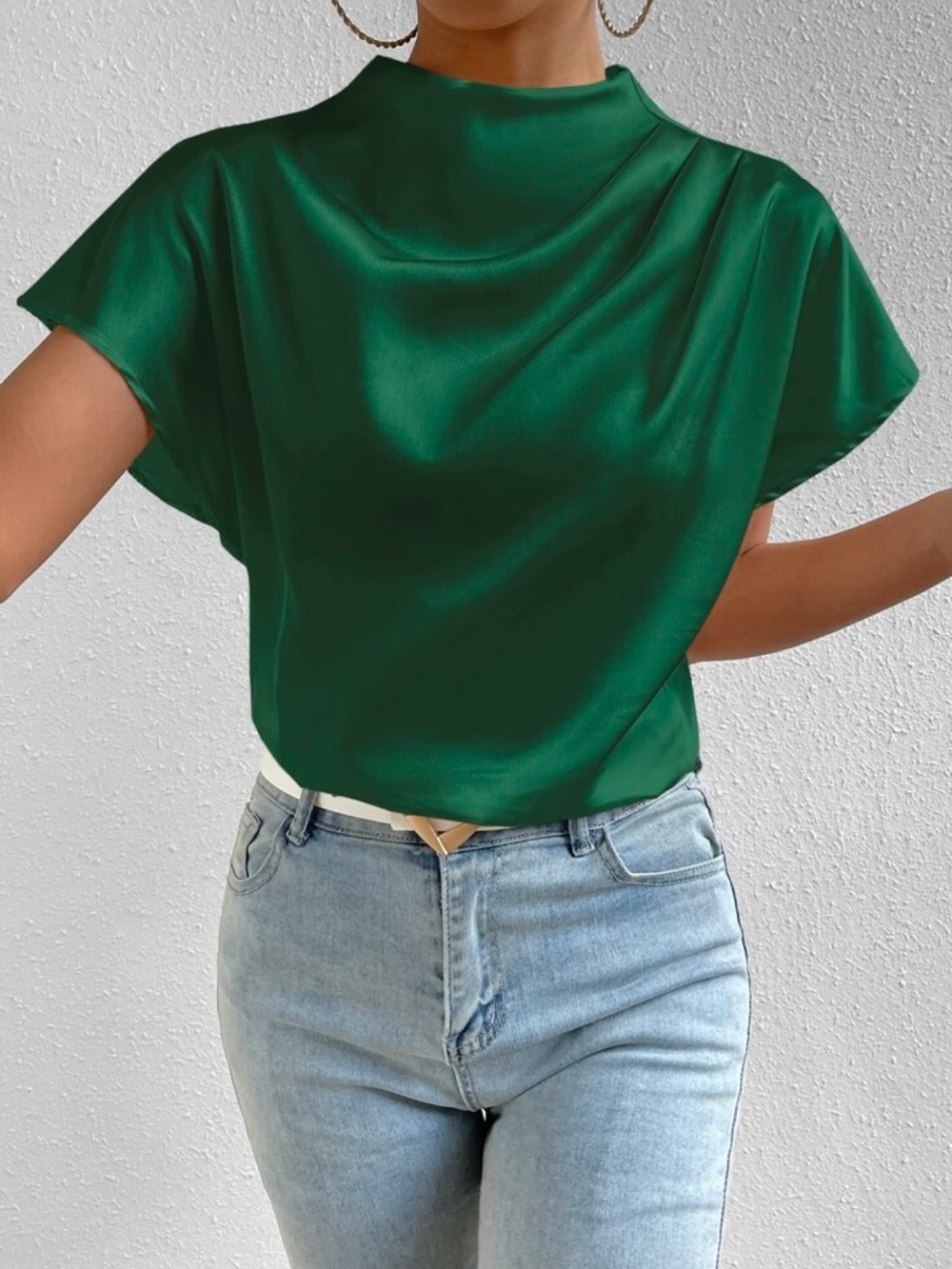 SHEIN Emerald Green Mock Neck Short Sleeve Blouse